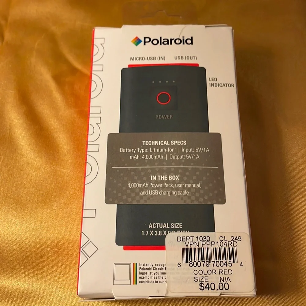 New with tags- Polaroid micro-USB (in) & USB (out), LED indicator, red & black